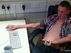 twink first-timer Ashton Bradley strokes Off at His Desk