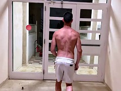 Hot fitness guy walking naked in public at night