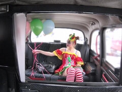 Sexy clown Lady Bug squirts all over the taxi after getting fucked & fingered