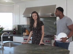 Black man humps small-tittied Latina in her kitchen