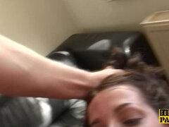 Bound euro sub clamped and kicked during sex